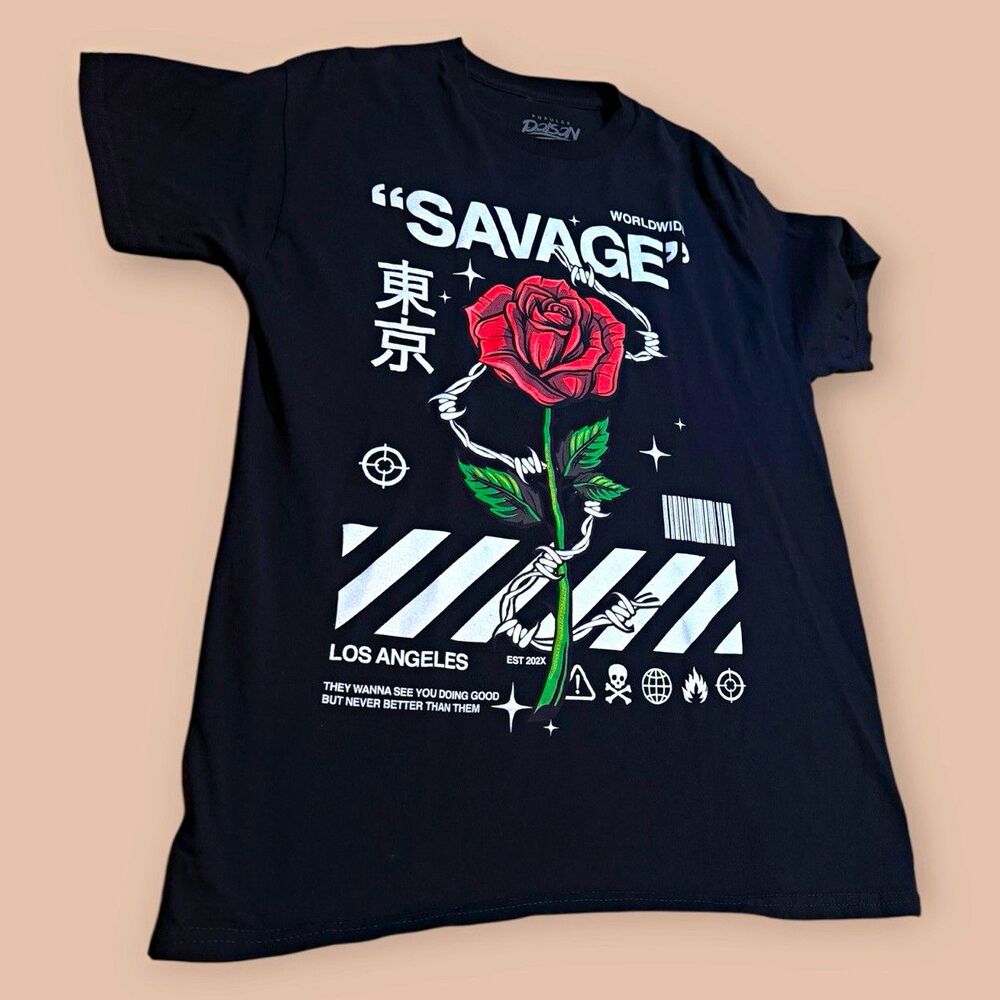 Popular Poison Men's Savage Rose Graphic T-Shirt Black Sz M Crew Neck Cotton